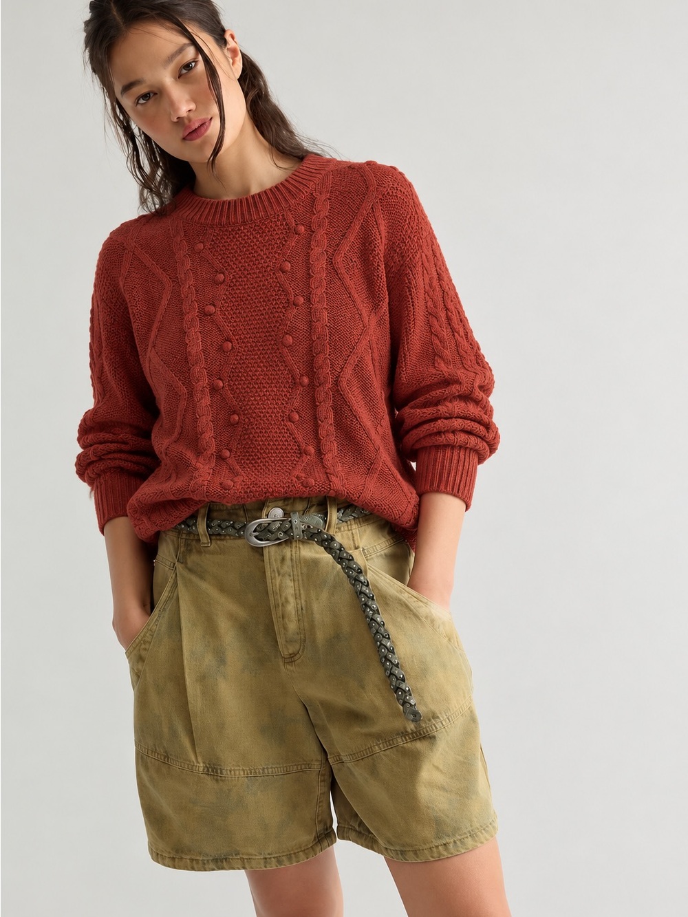 223. Brick Red Cable Knit Crewneck Sweater - Ricki's